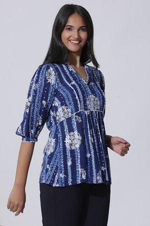 W for Woman Blue Floral Printed Top With Lace