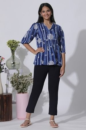 W for Woman Blue Floral Printed Top With Lace