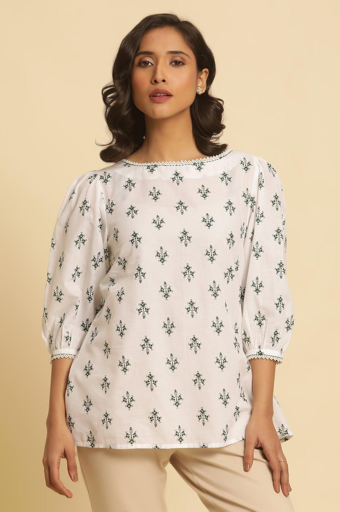 W for Woman White Printed Top Wit Lace And Puffed Sleeves
