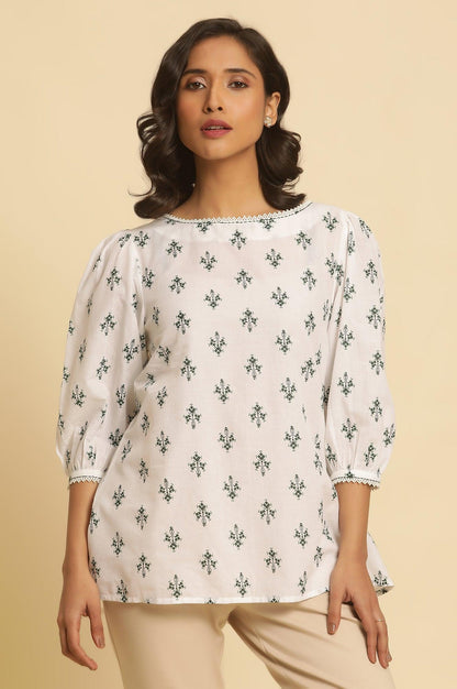 W for Woman White Printed Top Wit Lace And Puffed Sleeves
