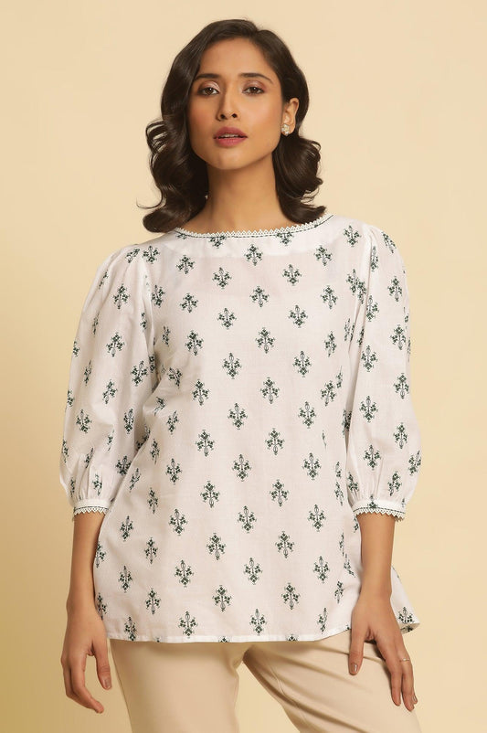 W for Woman White Printed Top Wit Lace And Puffed Sleeves