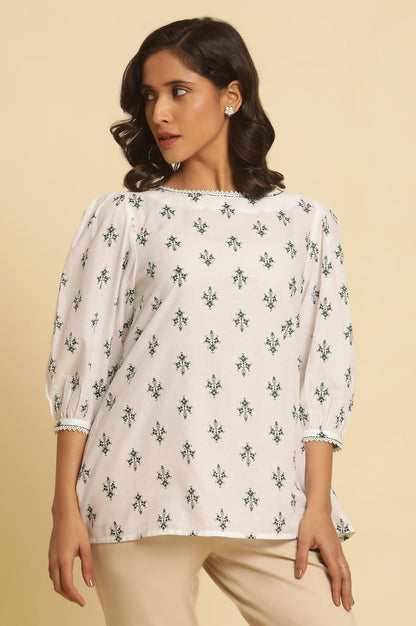 W for Woman White Printed Top Wit Lace And Puffed Sleeves