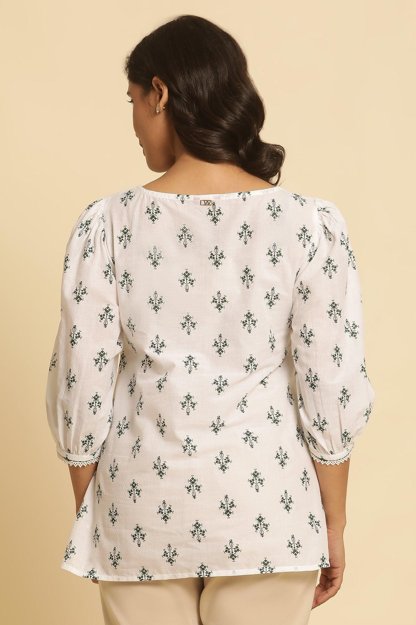 W for Woman White Printed Top Wit Lace And Puffed Sleeves