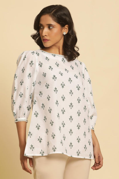 W for Woman White Printed Top Wit Lace And Puffed Sleeves