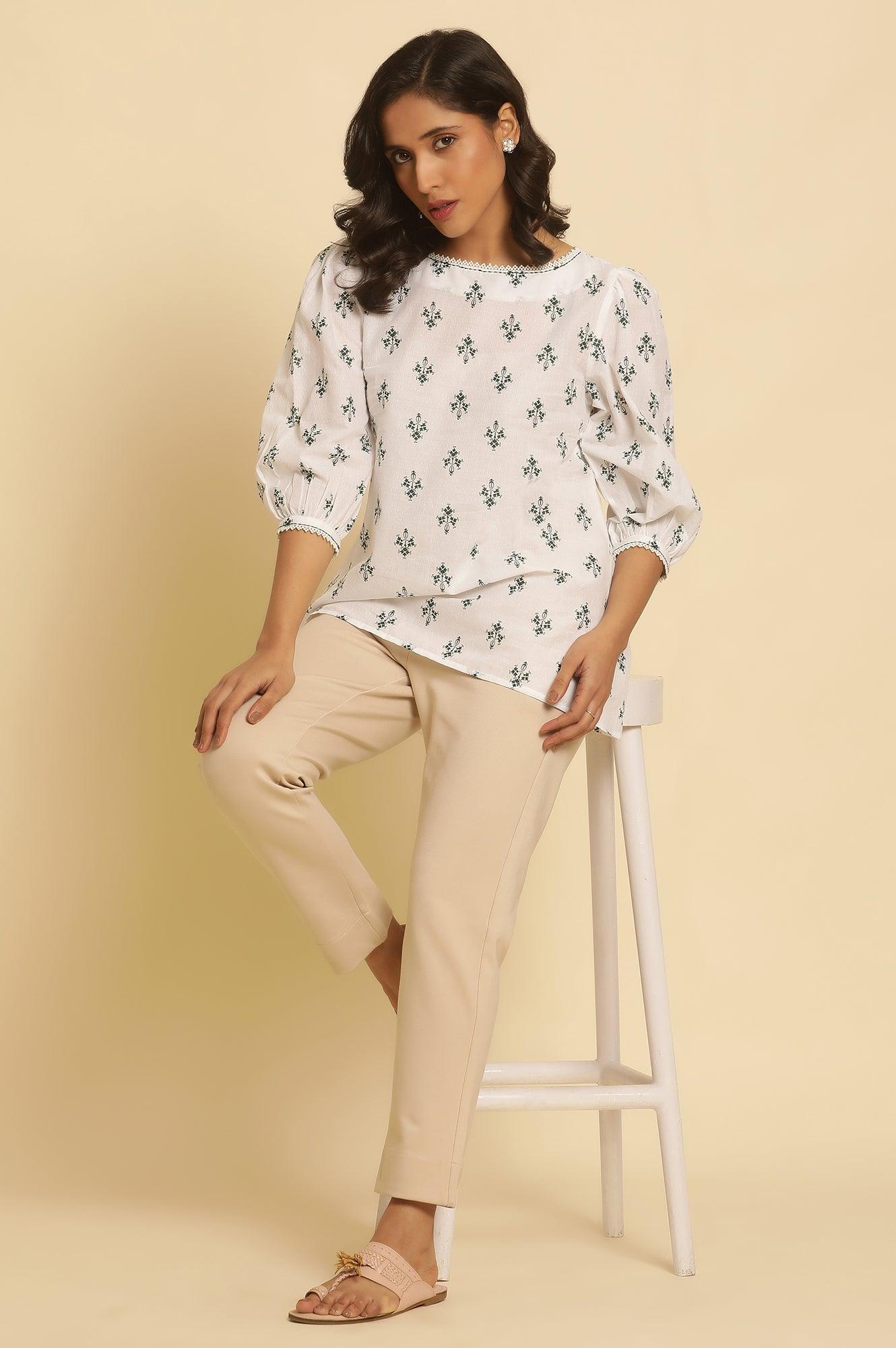 W for Woman White Printed Top Wit Lace And Puffed Sleeves