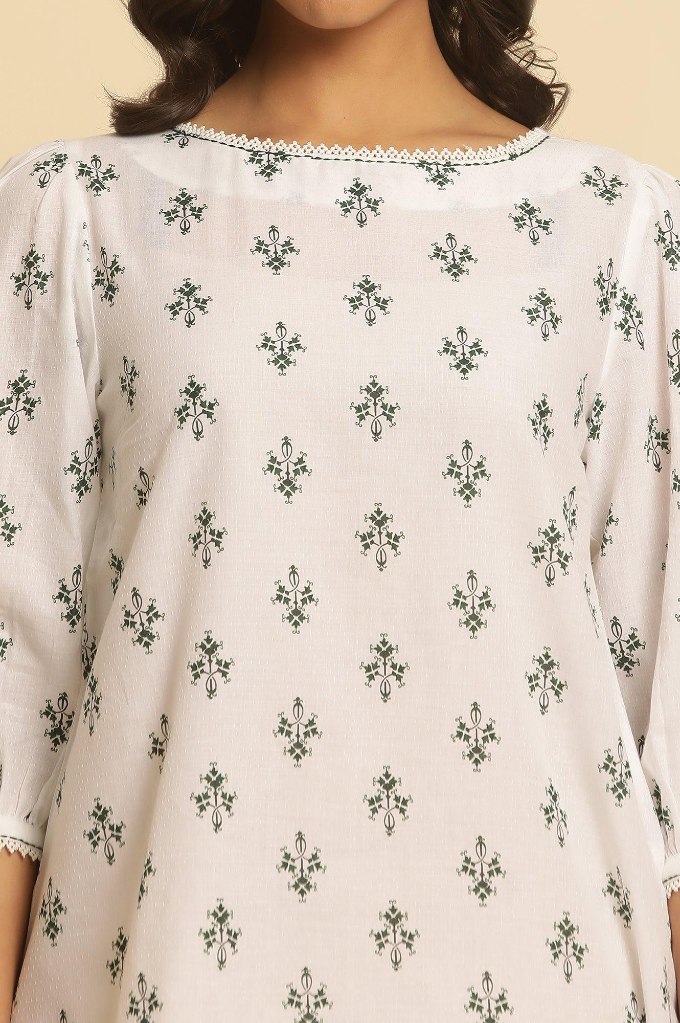 W for Woman White Printed Top Wit Lace And Puffed Sleeves