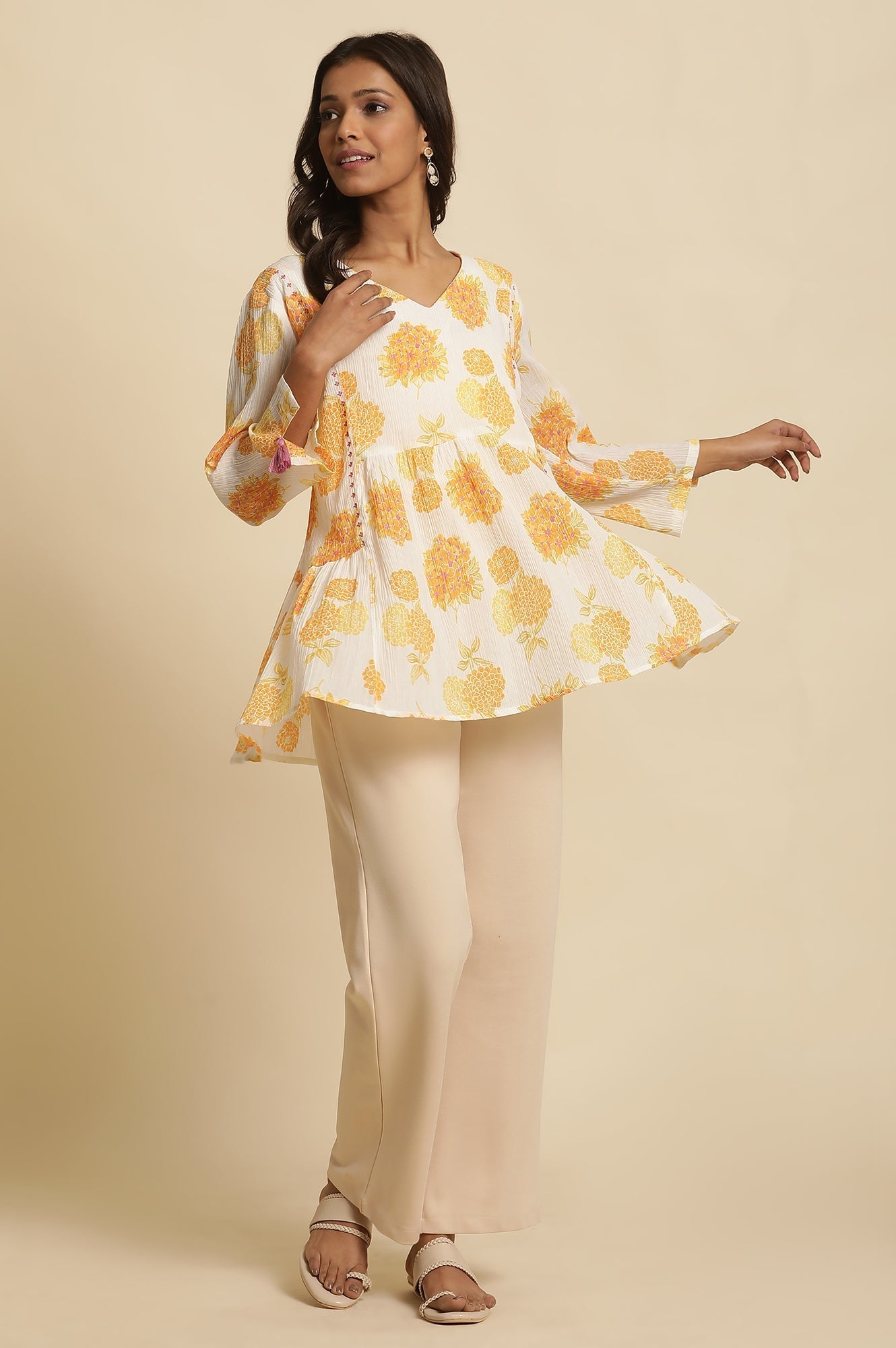 W for Woman White Floral Printed Flared Peplum Top