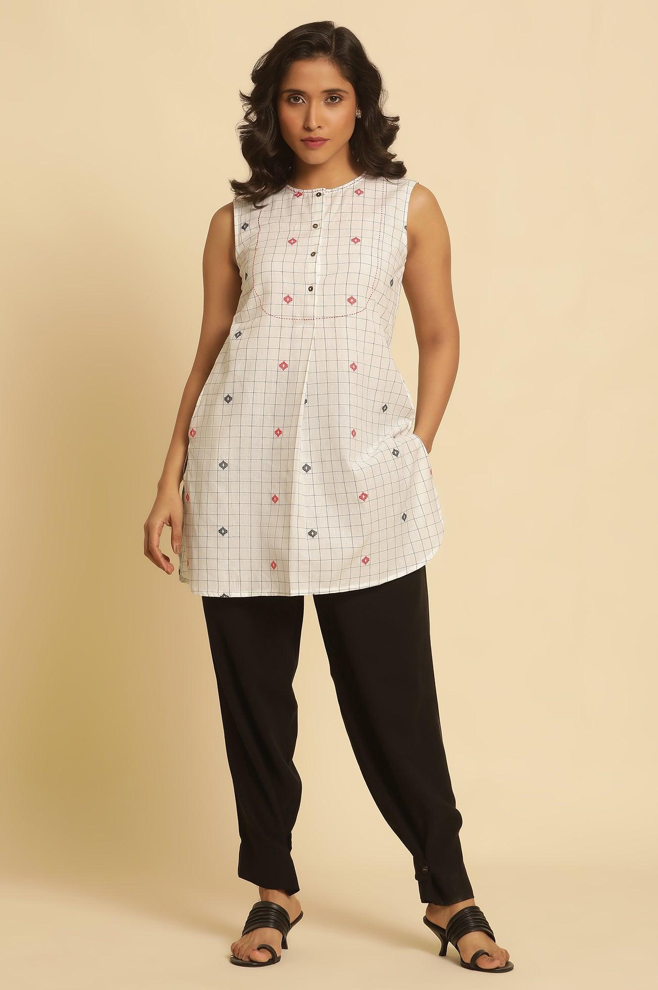 W for Woman White Checker Tunic With Curved Hemline