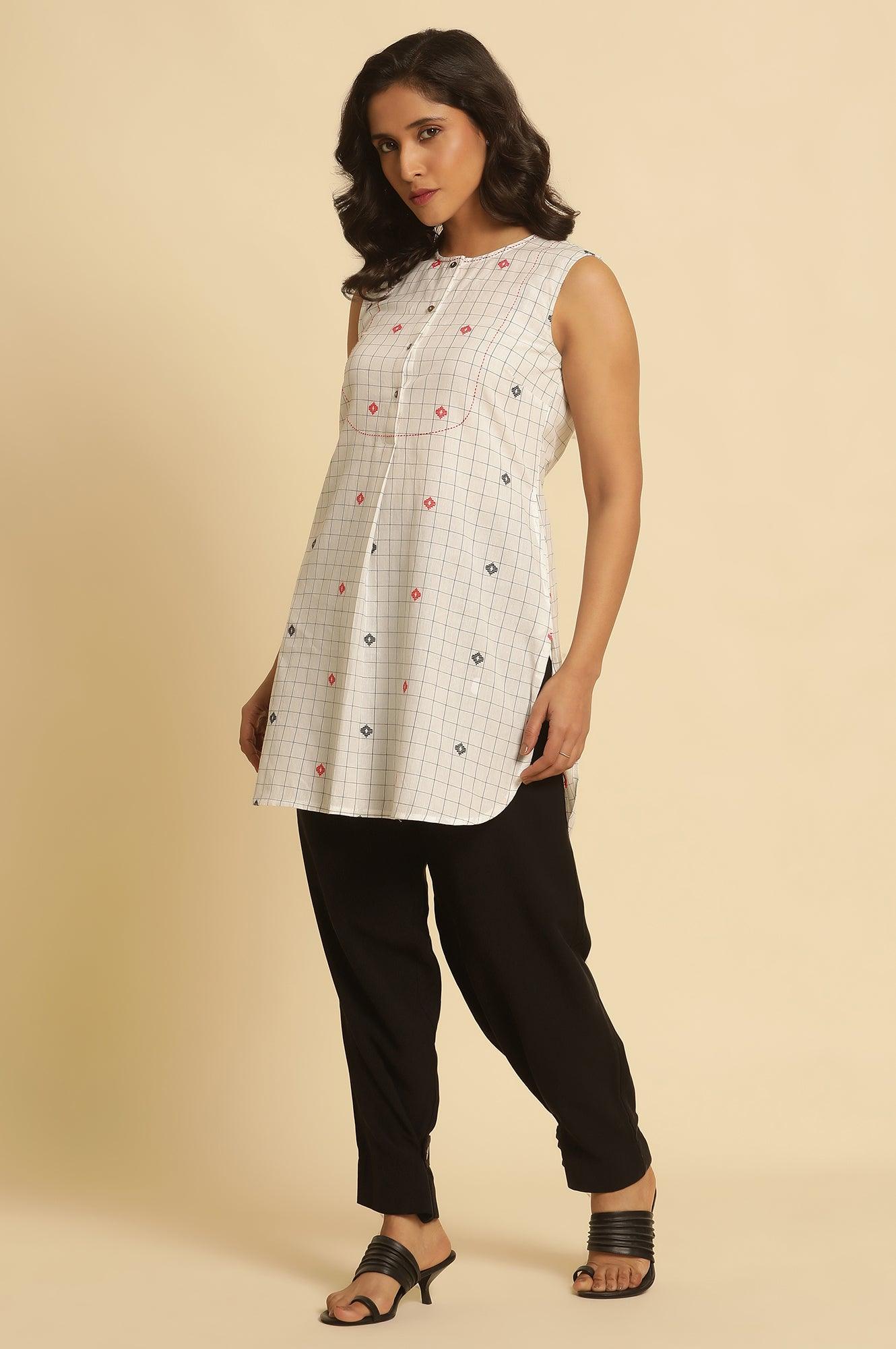 W for Woman White Checker Tunic With Curved Hemline