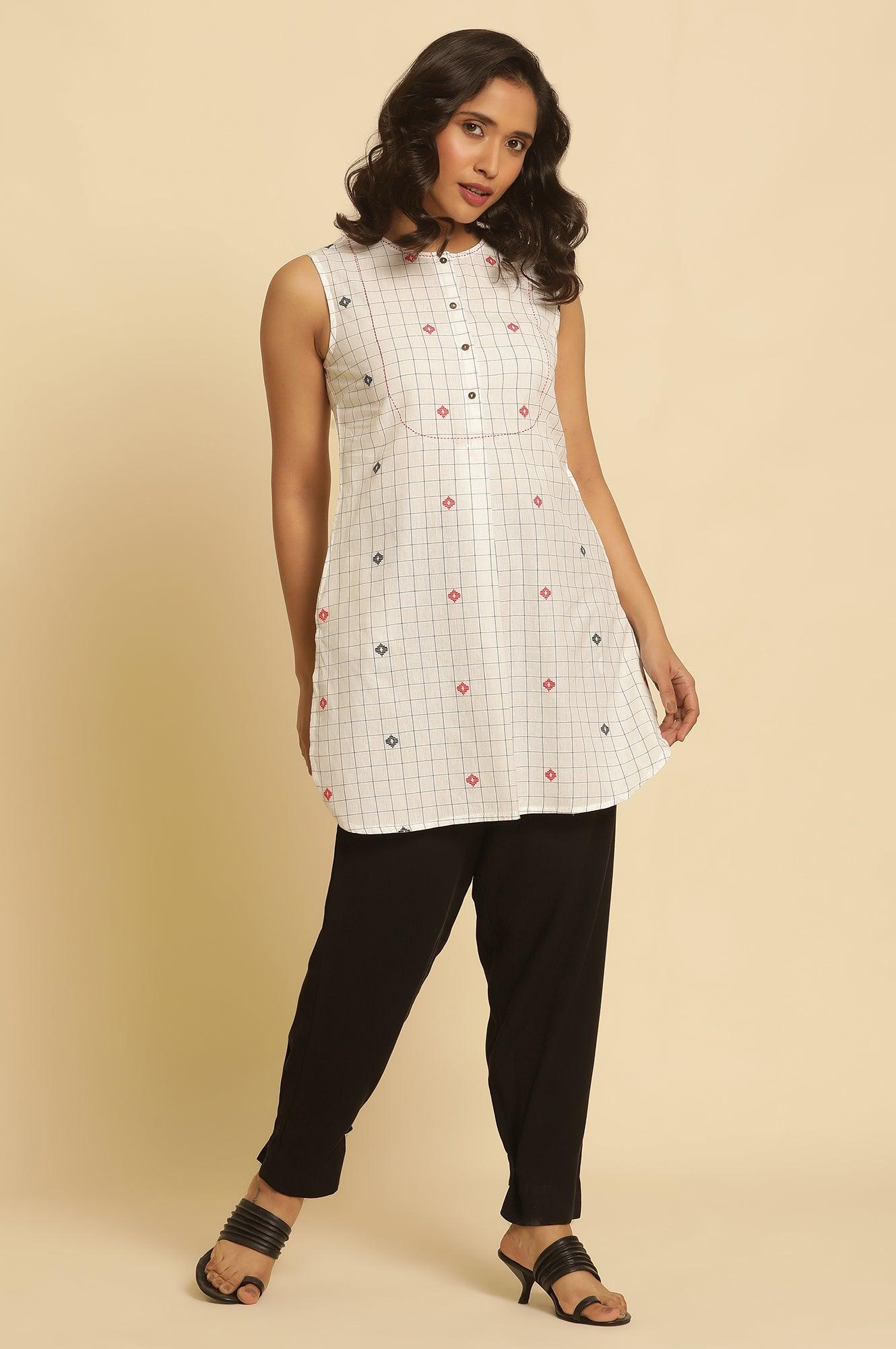 W for Woman White Checker Tunic With Curved Hemline