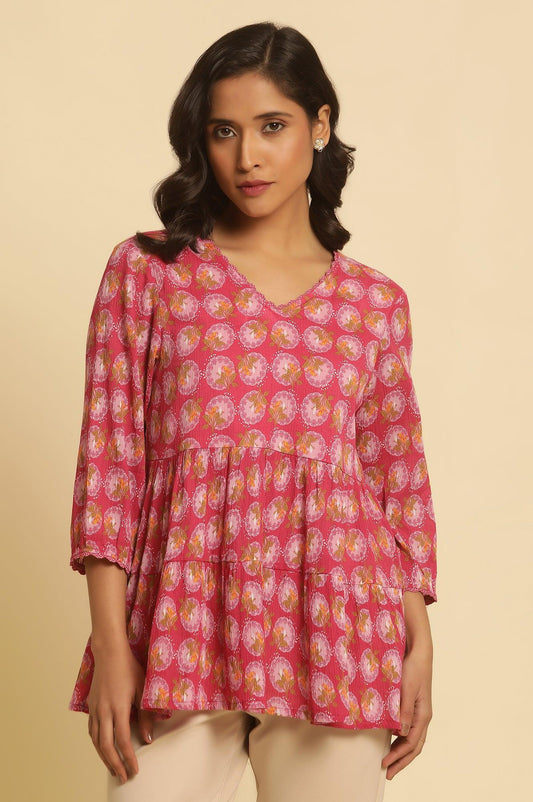 W for Woman Pink Printed Tiered Top
