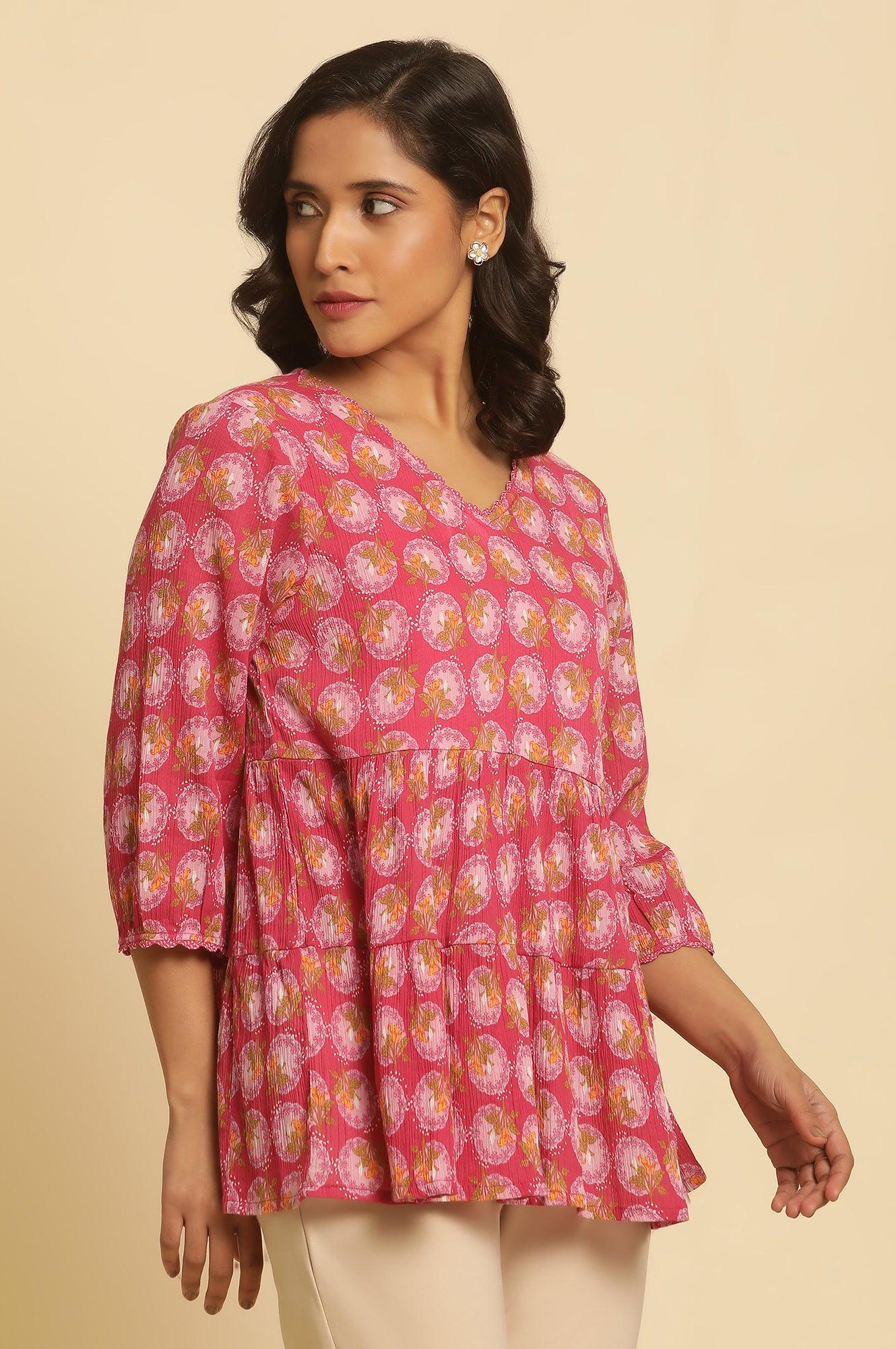 W for Woman Pink Printed Tiered Top
