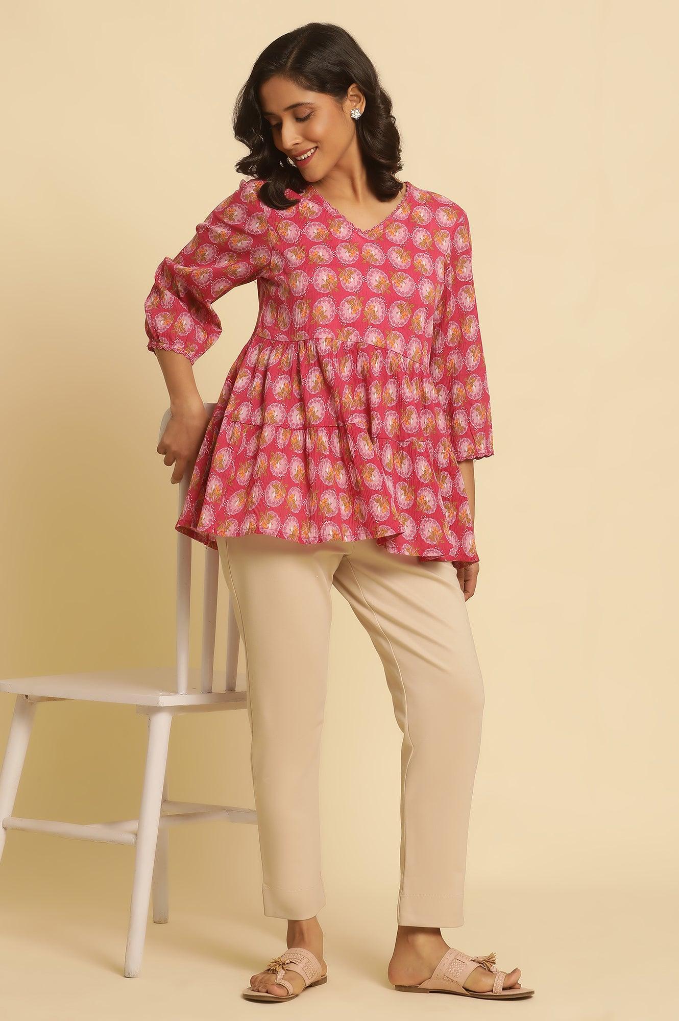 W for Woman Pink Printed Tiered Top