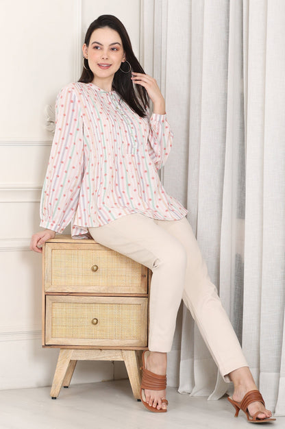 W for Woman White Pintuck Yoke Cotton Blend Embroidered Top With Stripes Print