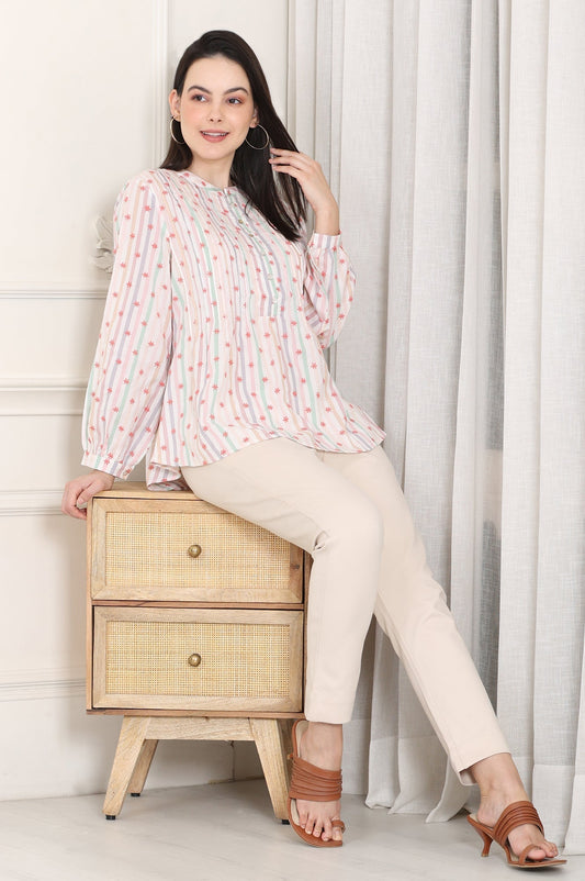 W for Woman White Pintuck Yoke Cotton Blend Embroidered Top With Stripes Print