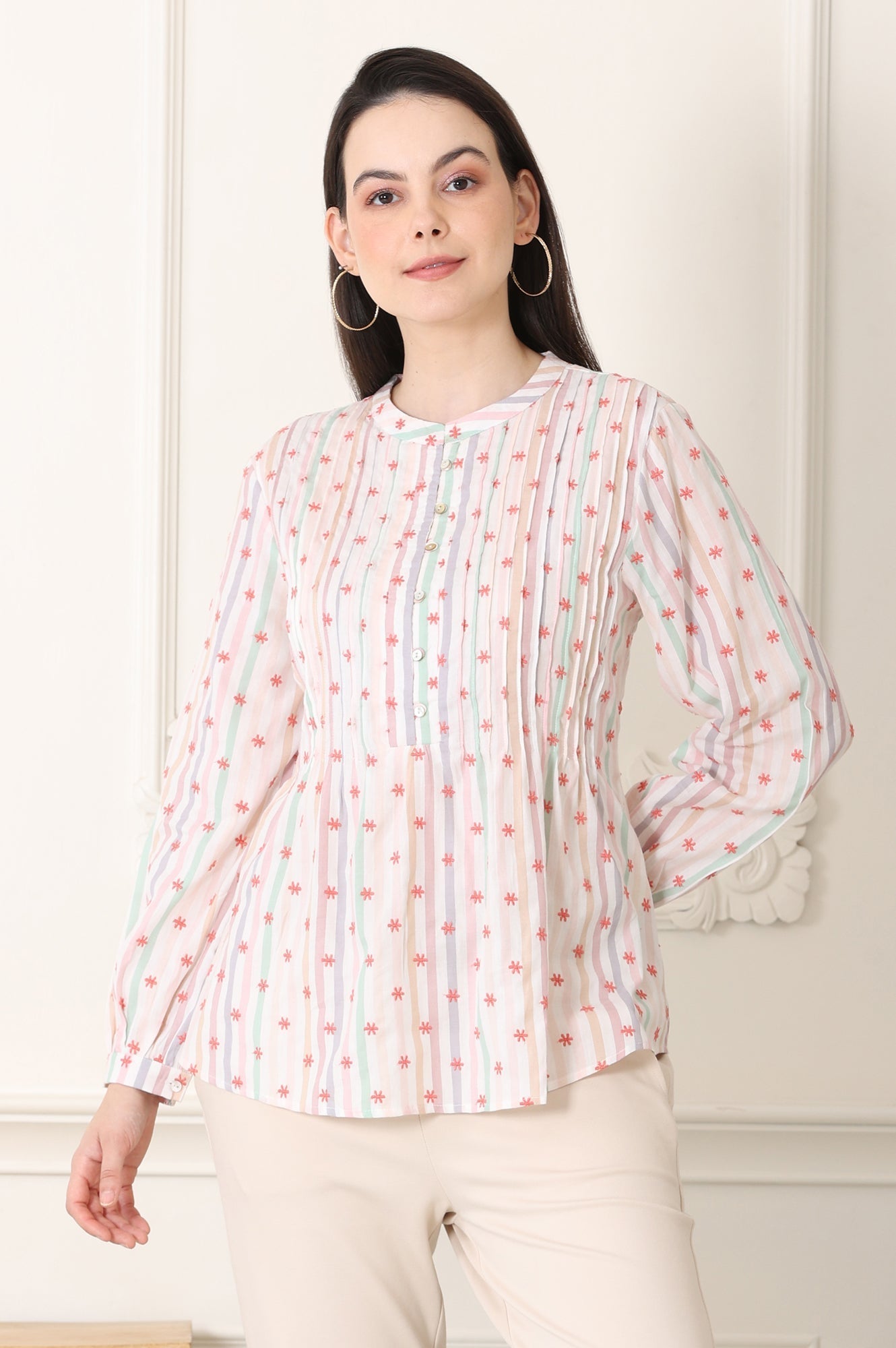 W for Woman White Pintuck Yoke Cotton Blend Embroidered Top With Stripes Print