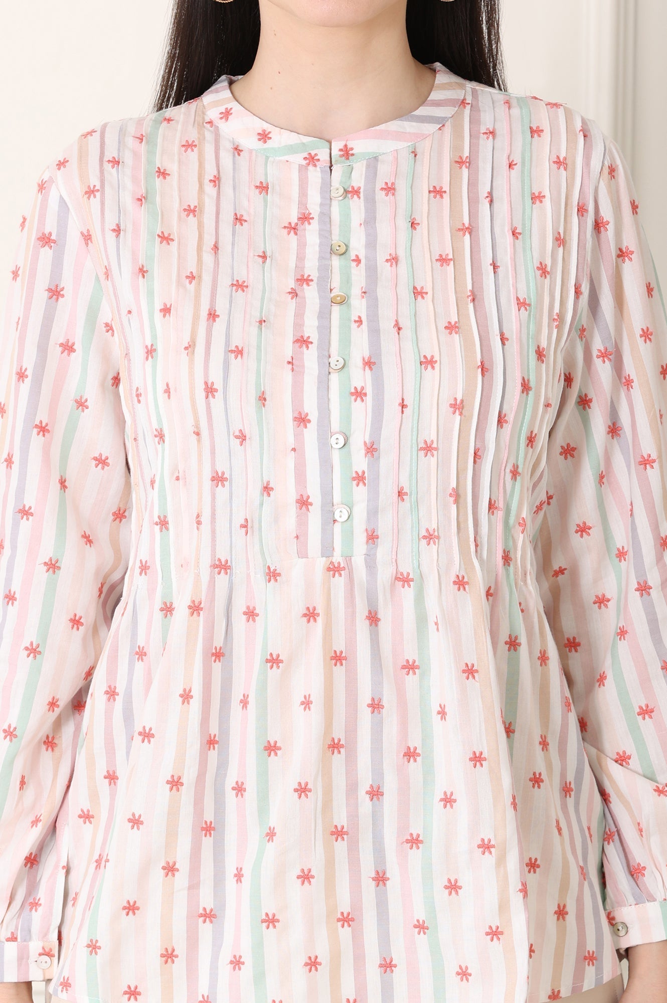 W for Woman White Pintuck Yoke Cotton Blend Embroidered Top With Stripes Print