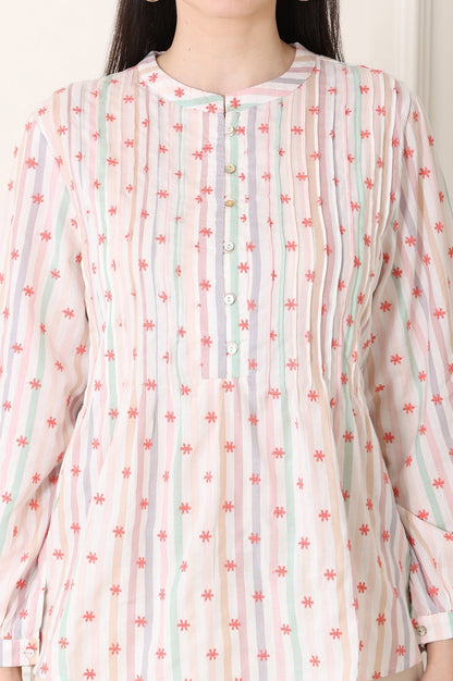 W for Woman White Pintuck Yoke Cotton Blend Embroidered Top With Stripes Print