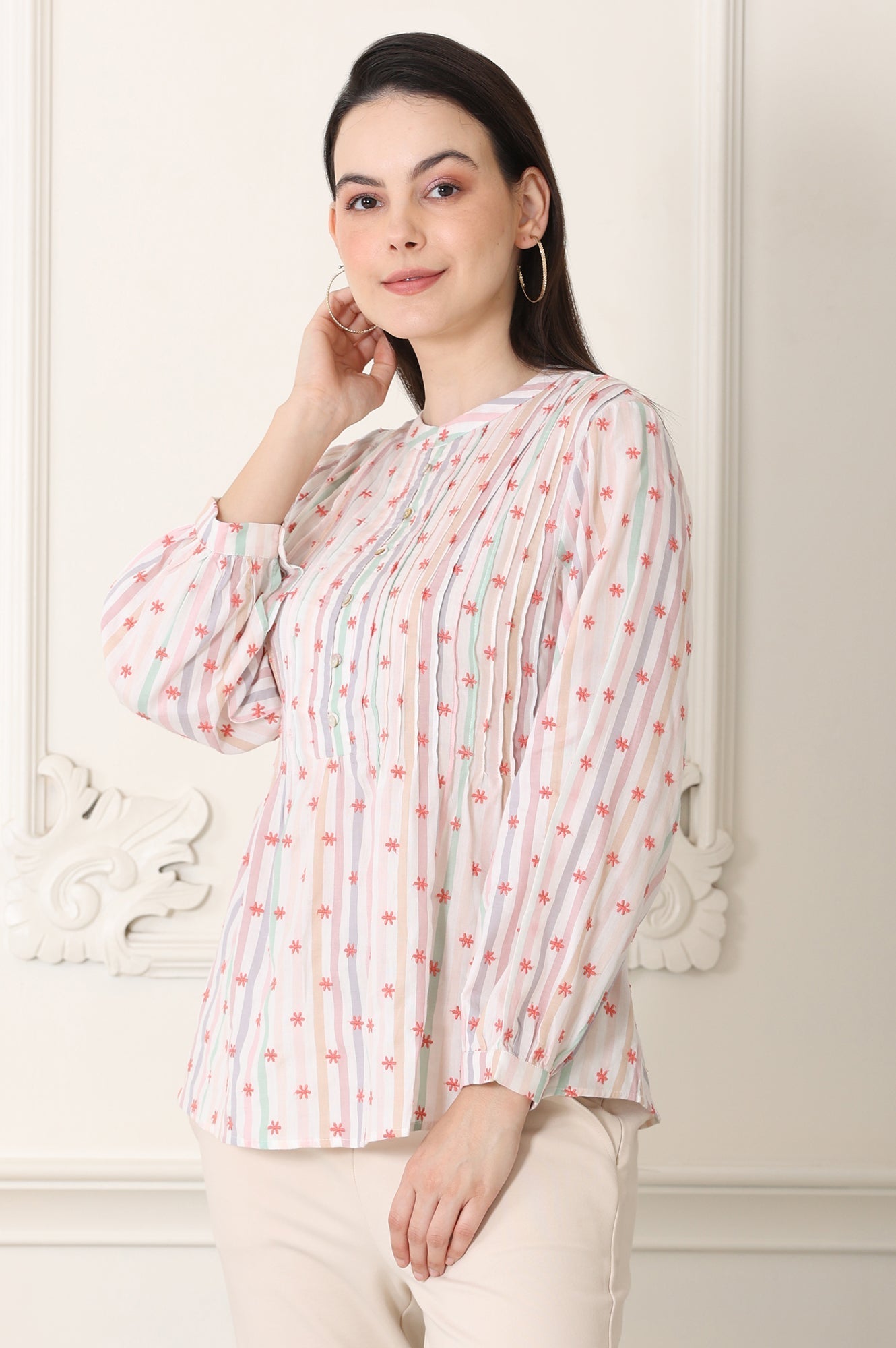 W for Woman White Pintuck Yoke Cotton Blend Embroidered Top With Stripes Print