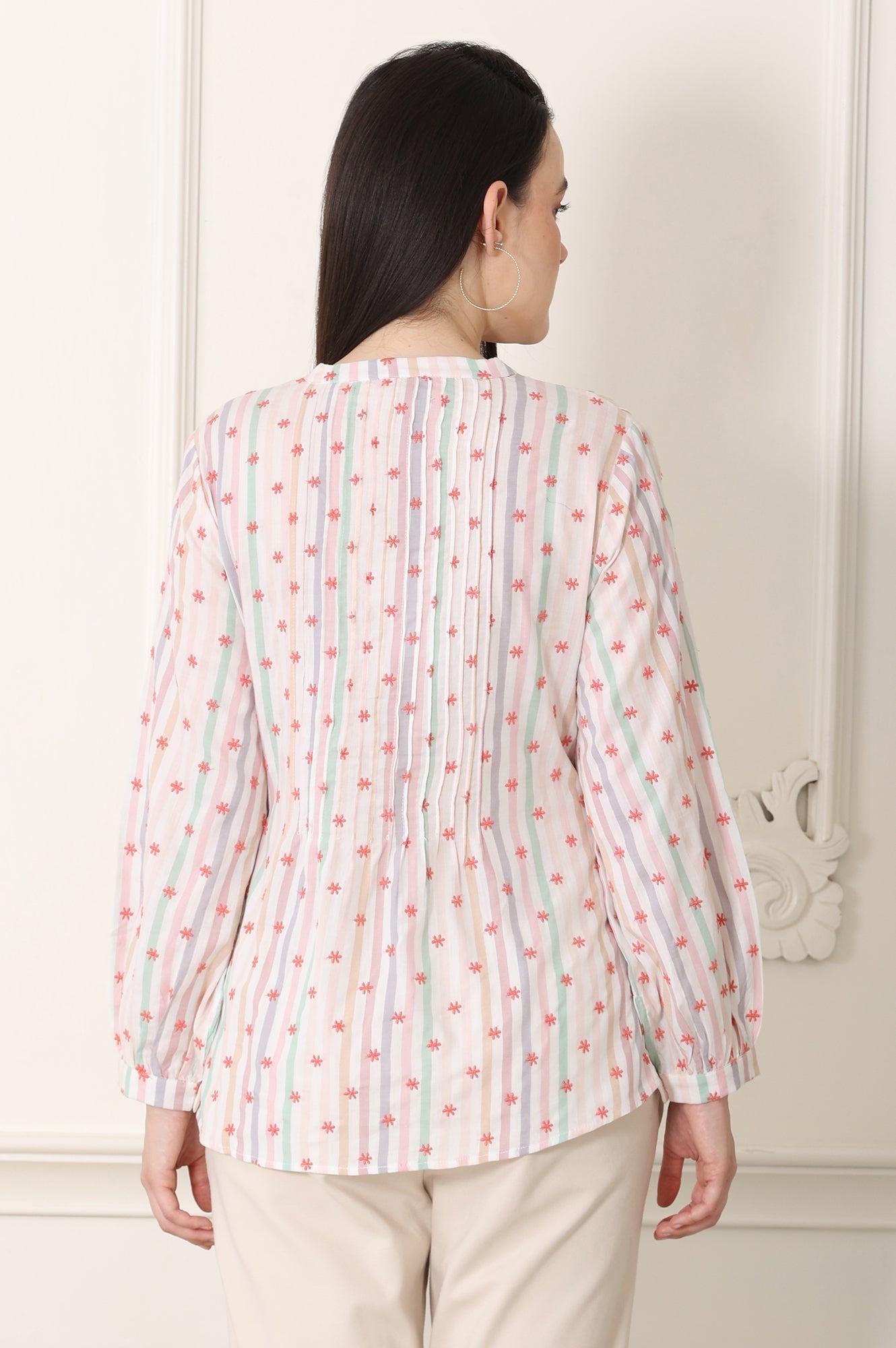 W for Woman White Pintuck Yoke Cotton Blend Embroidered Top With Stripes Print