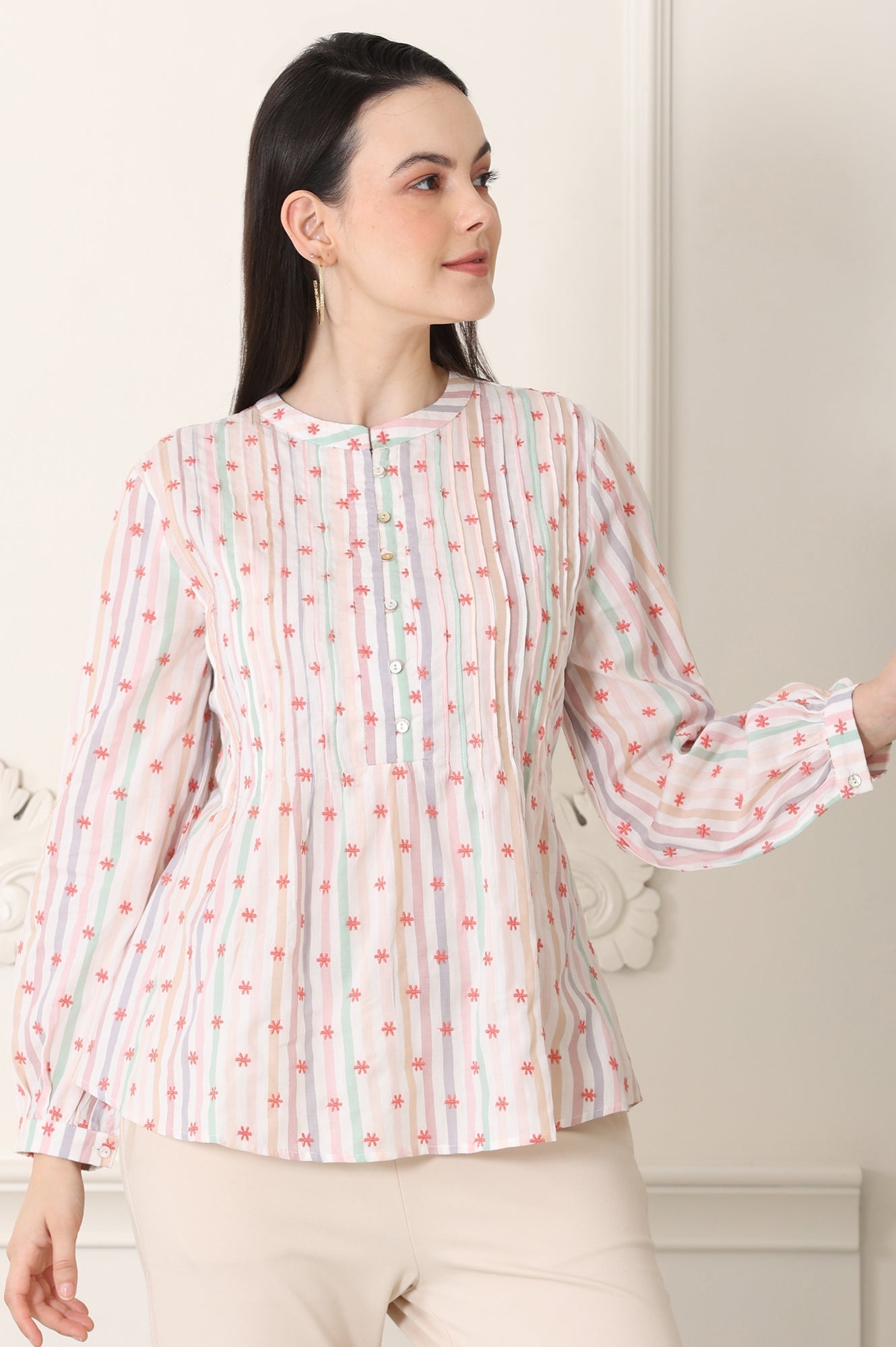 W for Woman White Pintuck Yoke Cotton Blend Embroidered Top With Stripes Print