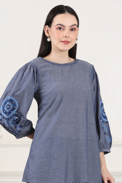 W for Woman Blue Solid Pure Cotton Chambray Embroidered Top