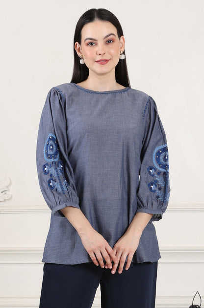 W for Woman Blue Solid Pure Cotton Chambray Embroidered Top