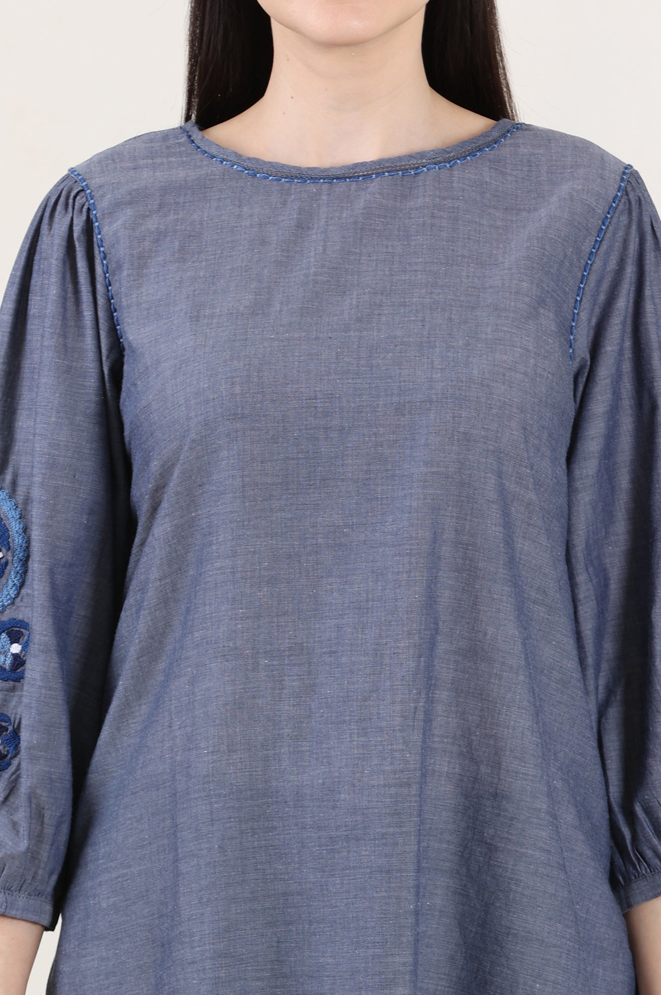 W for Woman Blue Solid Pure Cotton Chambray Embroidered Top