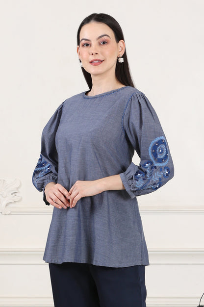 W for Woman Blue Solid Pure Cotton Chambray Embroidered Top