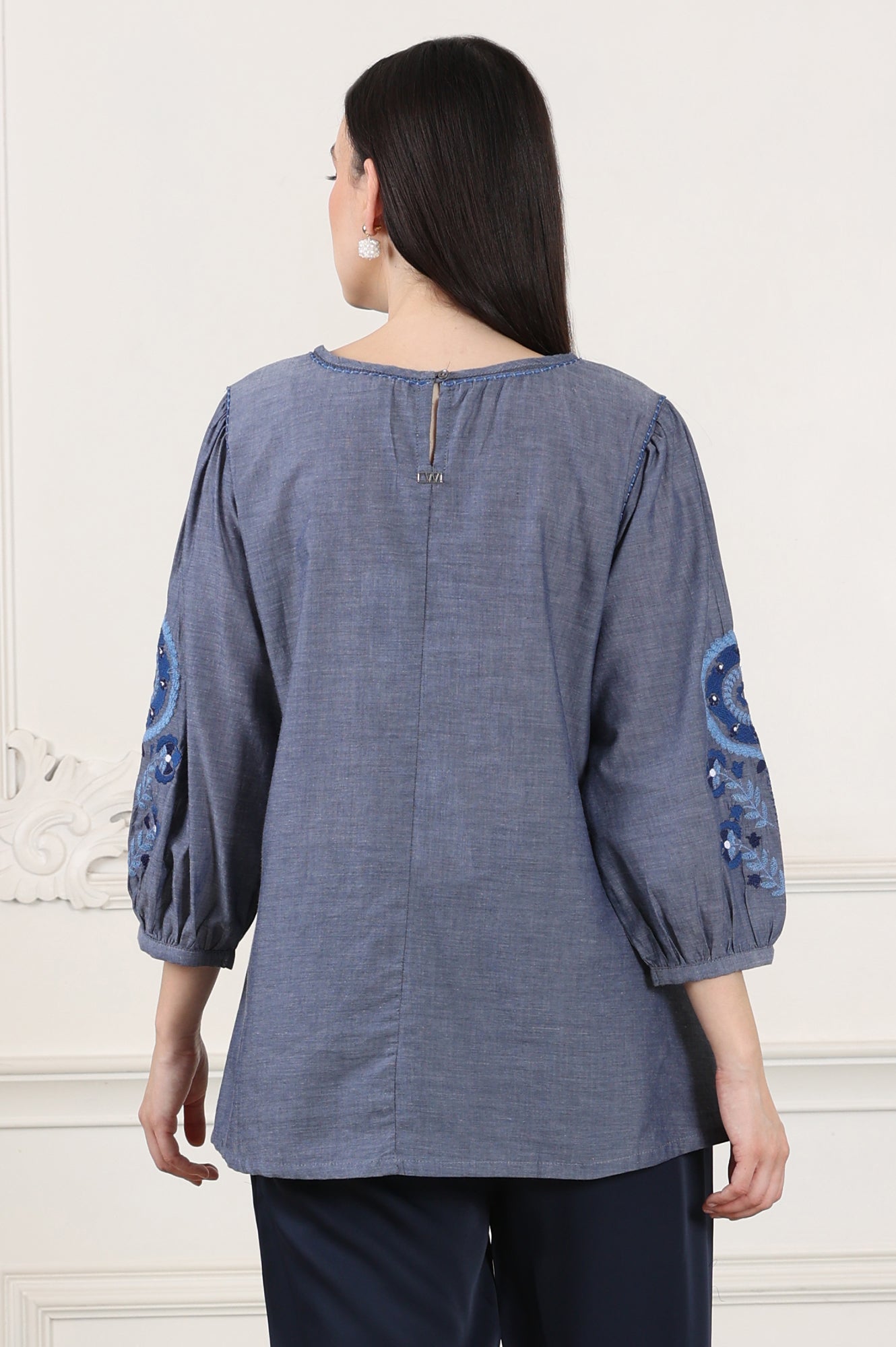 W for Woman Blue Solid Pure Cotton Chambray Embroidered Top