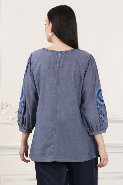 W for Woman Blue Solid Pure Cotton Chambray Embroidered Top