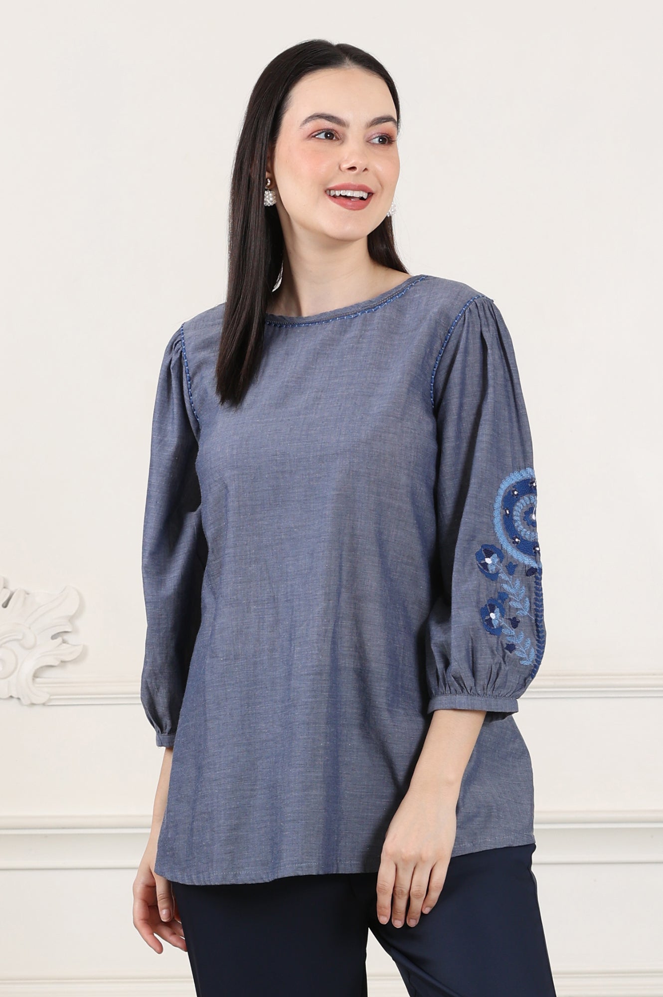 W for Woman Blue Solid Pure Cotton Chambray Embroidered Top
