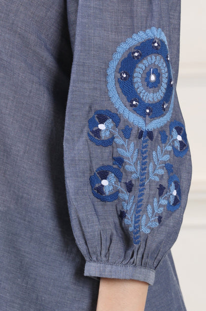 W for Woman Blue Solid Pure Cotton Chambray Embroidered Top