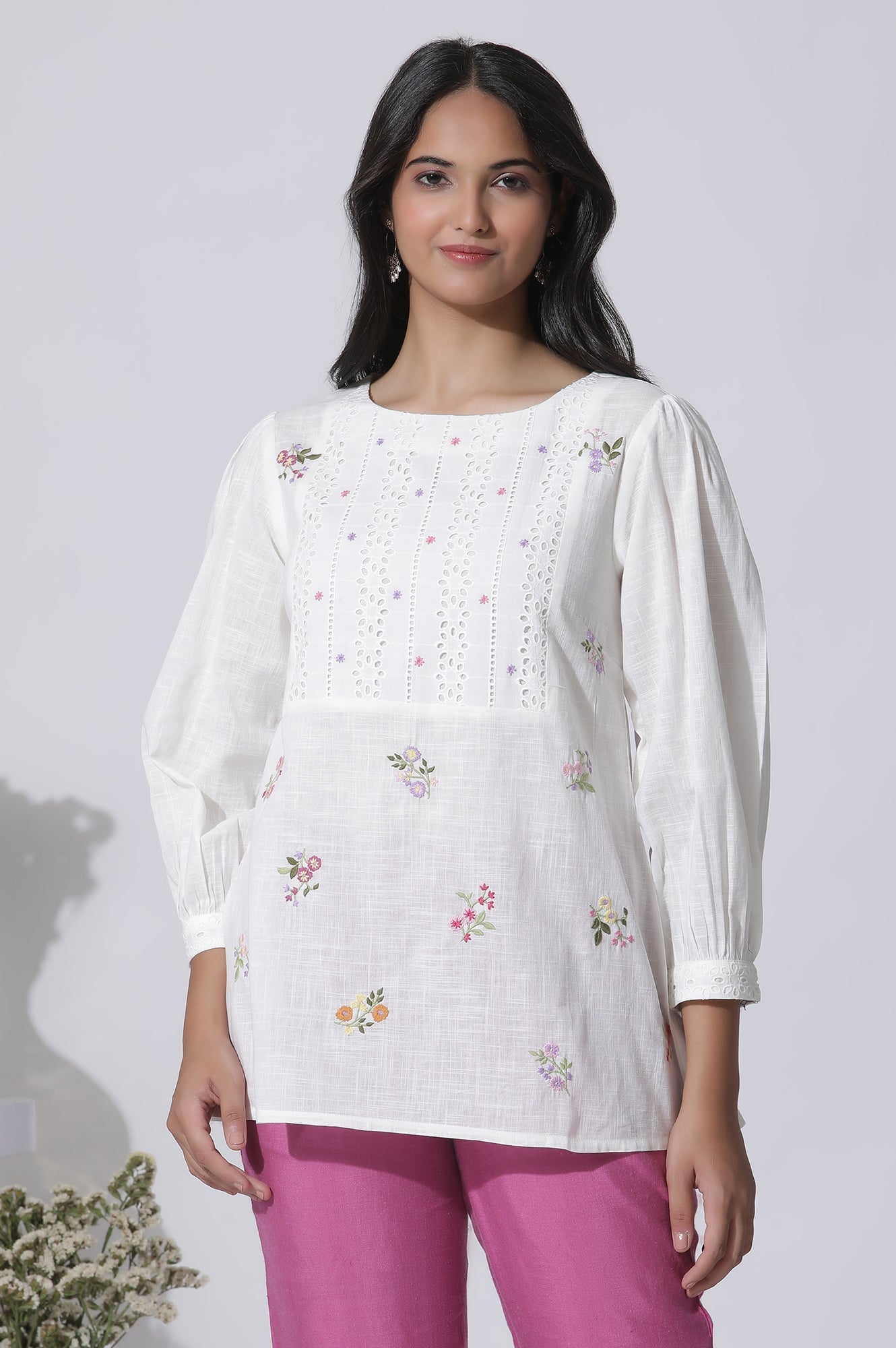 W for Woman White Embroidered Cotton Top With Schiffli Yoke