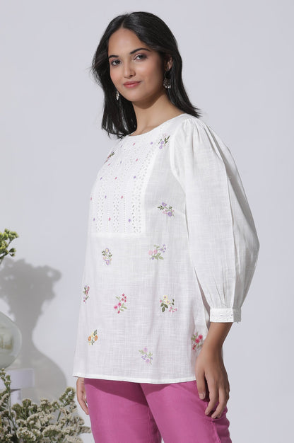 W for Woman White Embroidered Cotton Top With Schiffli Yoke