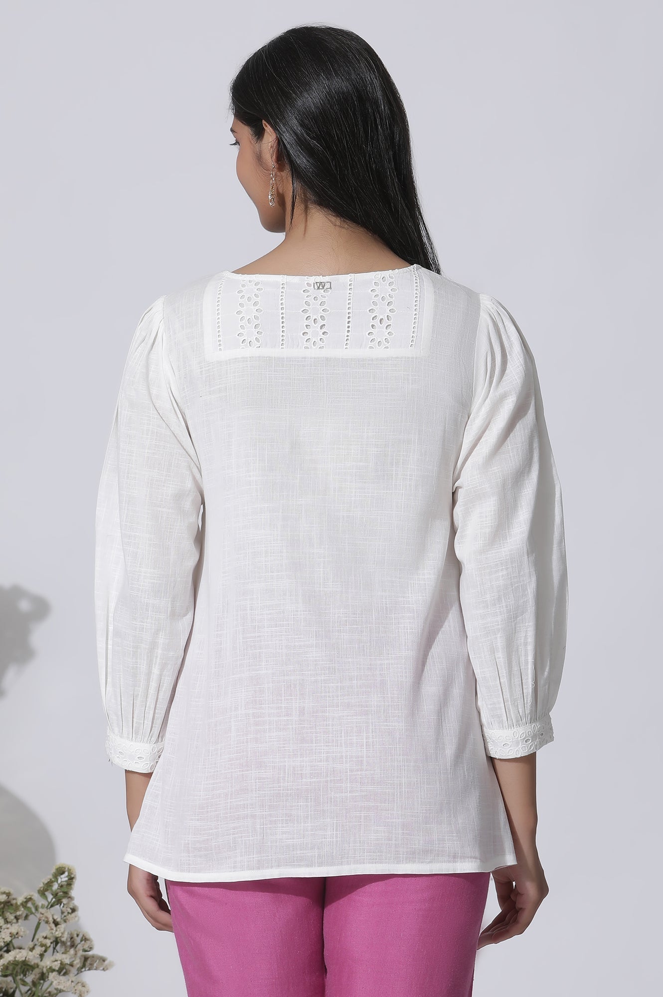 W for Woman White Embroidered Cotton Top With Schiffli Yoke