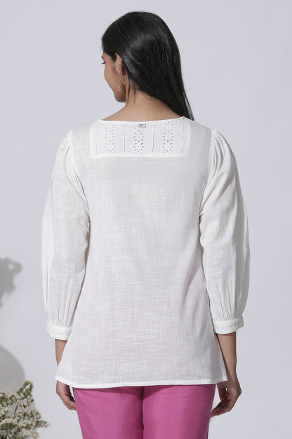 W for Woman White Embroidered Cotton Top With Schiffli Yoke
