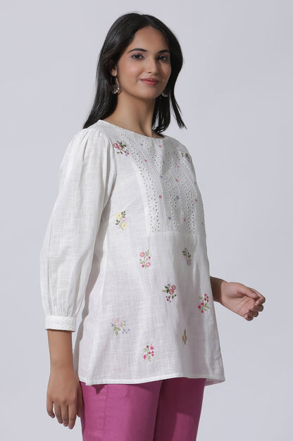 W for Woman White Embroidered Cotton Top With Schiffli Yoke