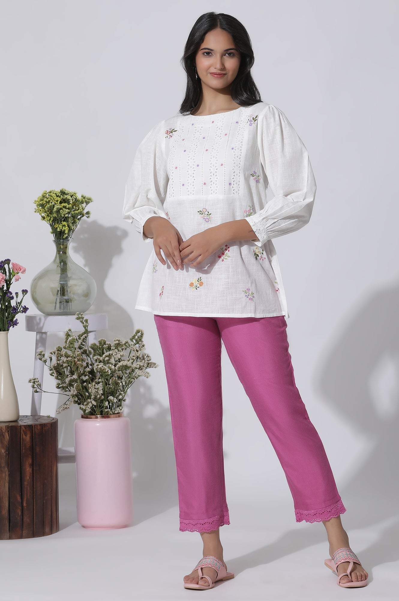W for Woman White Embroidered Cotton Top With Schiffli Yoke