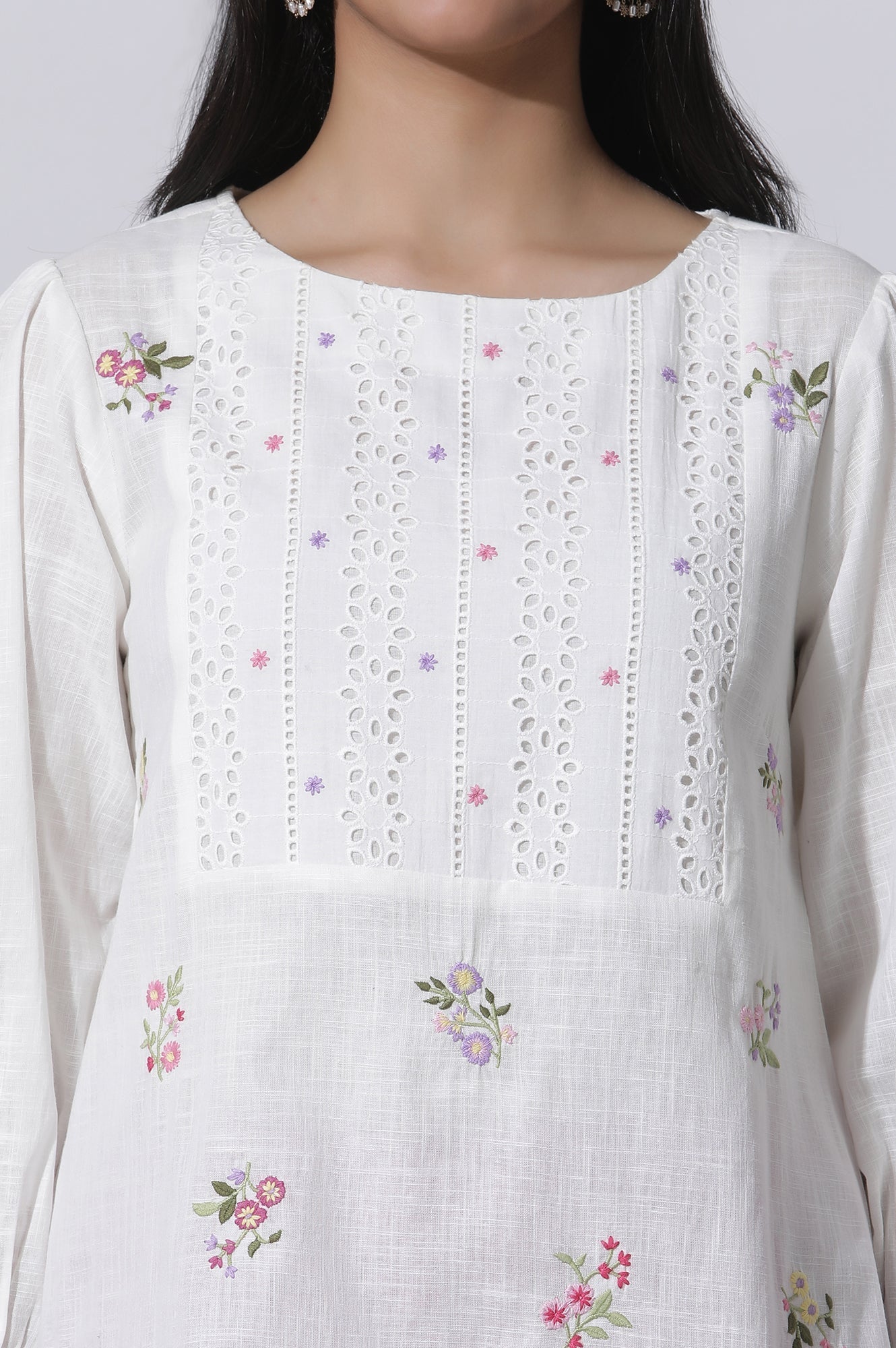 W for Woman White Embroidered Cotton Top With Schiffli Yoke