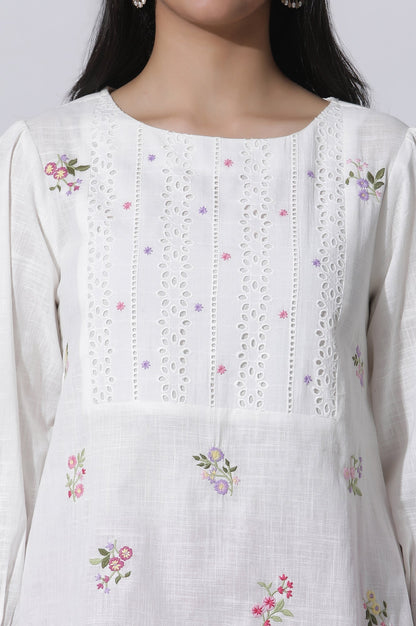 W for Woman White Embroidered Cotton Top With Schiffli Yoke