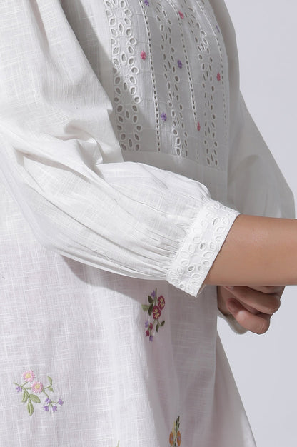 W for Woman White Embroidered Cotton Top With Schiffli Yoke