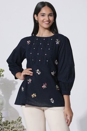 W for Woman Navy Blue Embroidered Cotton Top With Schiffli Yoke