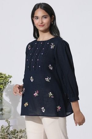 W for Woman Navy Blue Embroidered Cotton Top With Schiffli Yoke