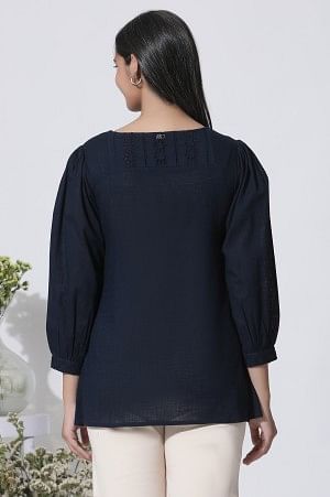 W for Woman Navy Blue Embroidered Cotton Top With Schiffli Yoke