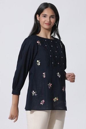 W for Woman Navy Blue Embroidered Cotton Top With Schiffli Yoke