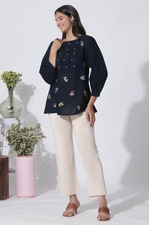 W for Woman Navy Blue Embroidered Cotton Top With Schiffli Yoke