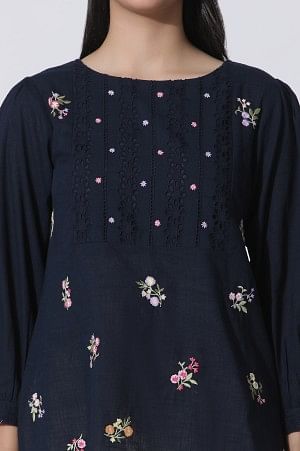 W for Woman Navy Blue Embroidered Cotton Top With Schiffli Yoke
