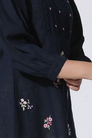 W for Woman Navy Blue Embroidered Cotton Top With Schiffli Yoke