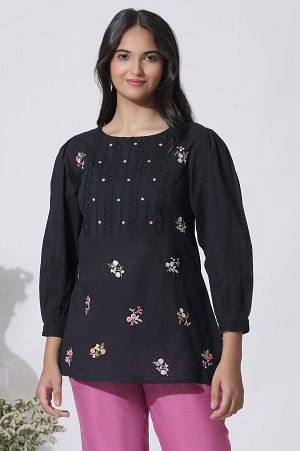 W for Woman Black Embroidered Cotton Top With Schiffli Yoke